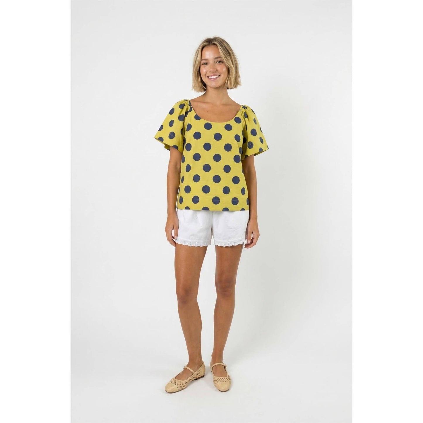 Flutter sleeve polka dot top | Lime/Navy