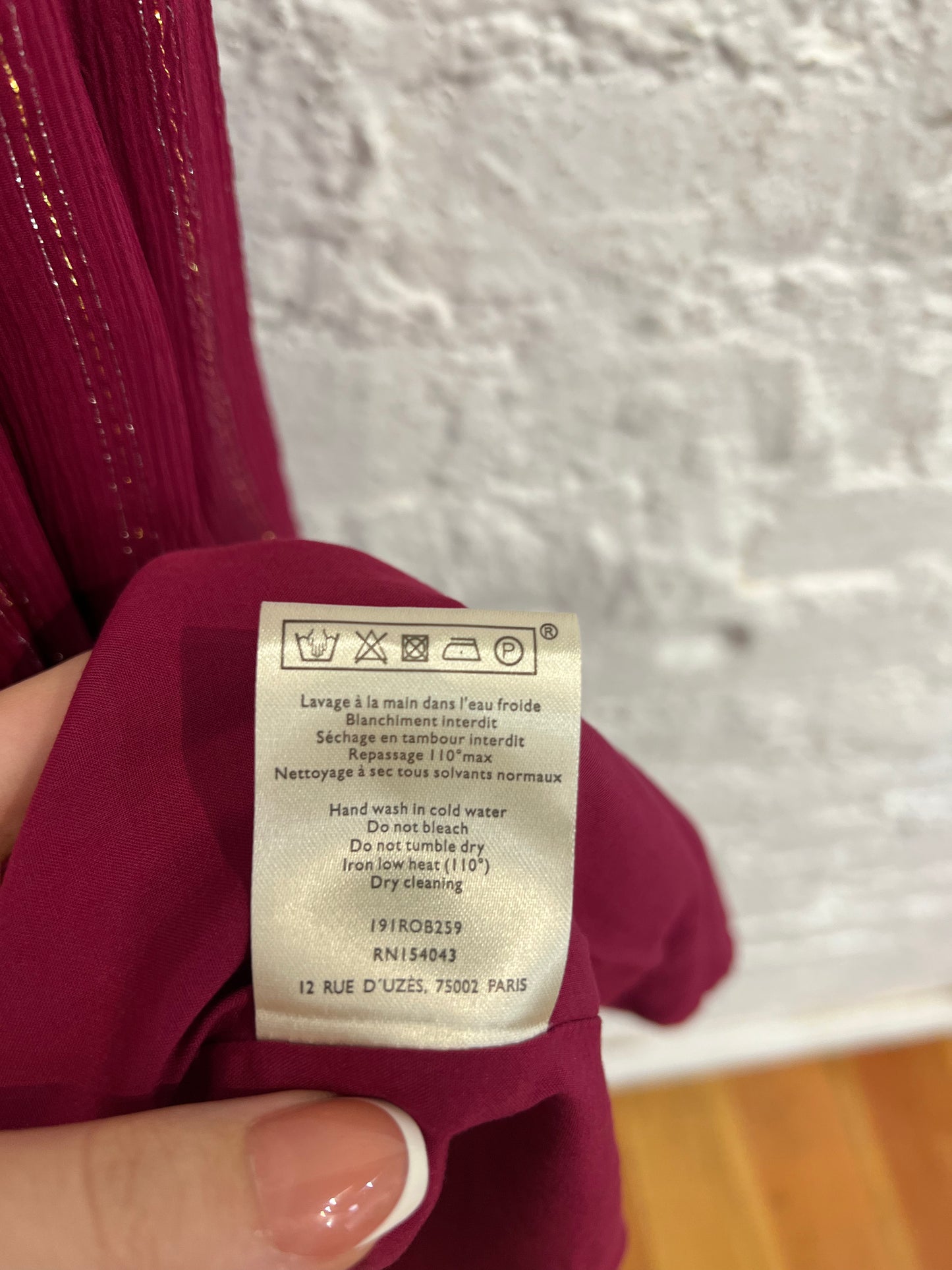 Sezane burgundy metallic thread silk dress