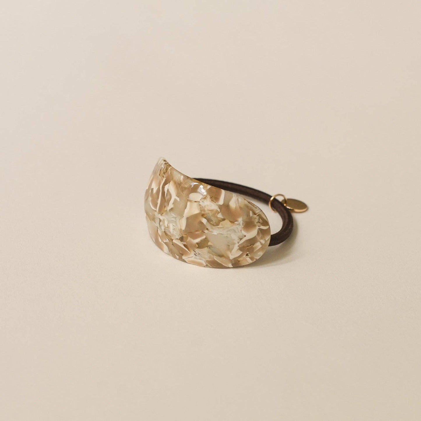 Curved Oval Resin Ponytail Hair Tie | Beige Marble