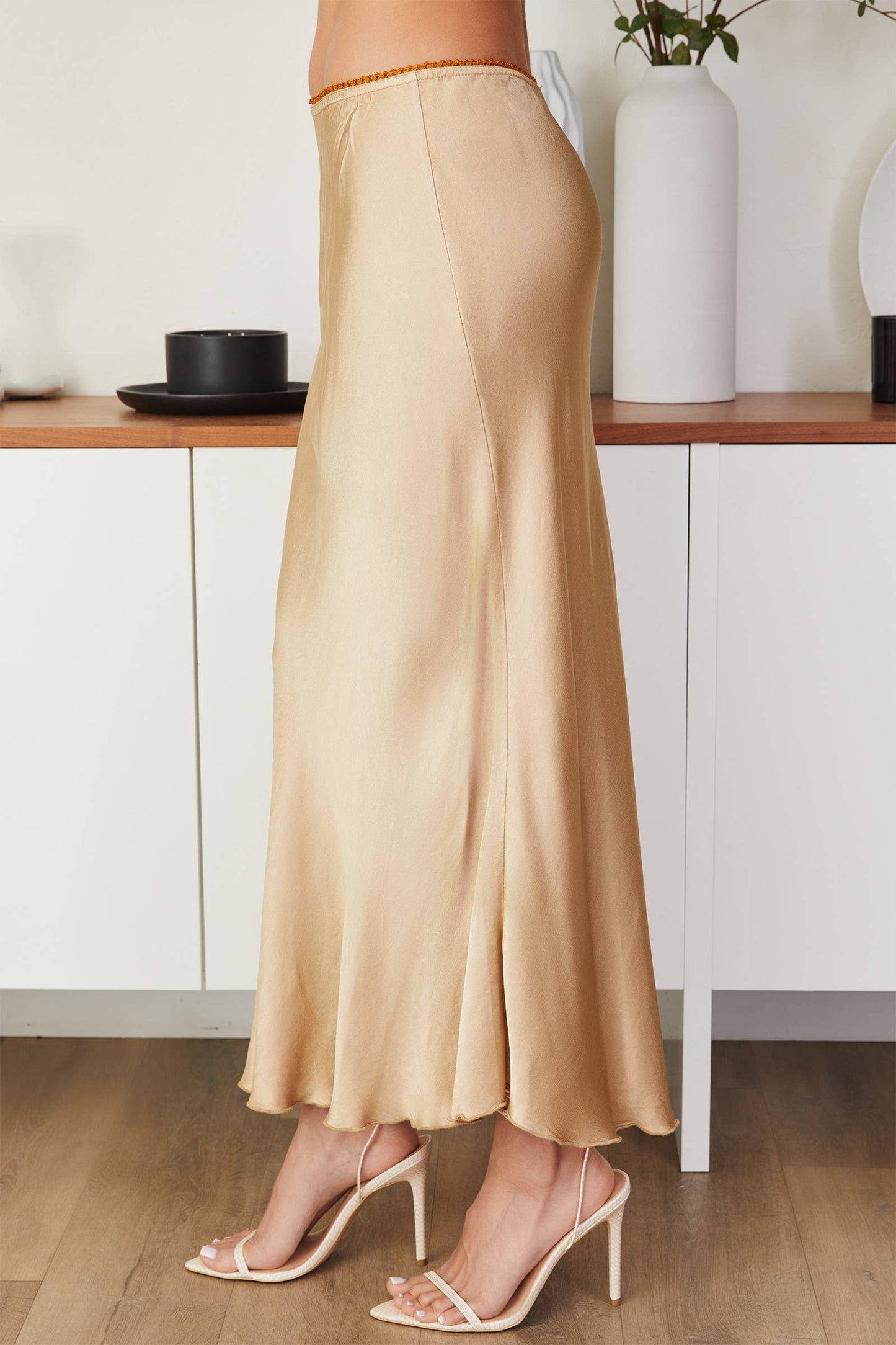 Silky Sip Skirt With Lace Elastic Waistband | Champagne