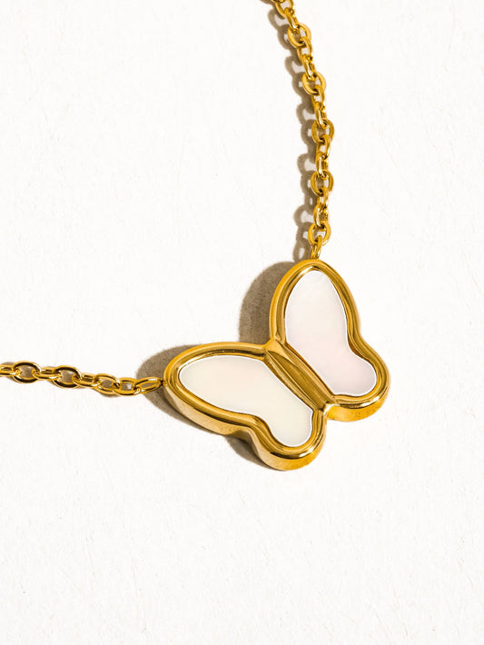 Sandy Non-Tarnish Petite Shell Butterfly Necklace: White