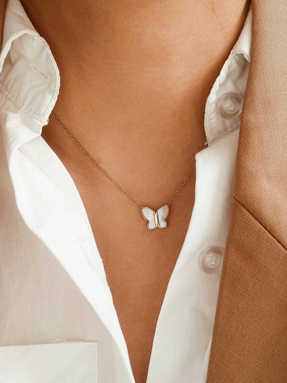 Sandy Non-Tarnish Petite Shell Butterfly Necklace: White
