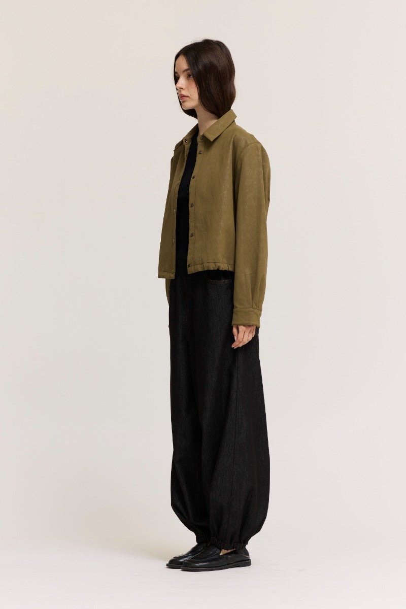 Vegan Lather snap button jacket | Olive