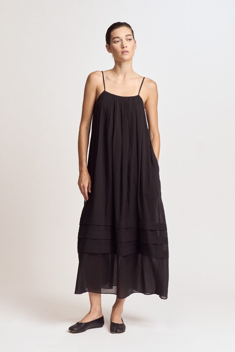 Pleated Cotton Maxi Dress | Black