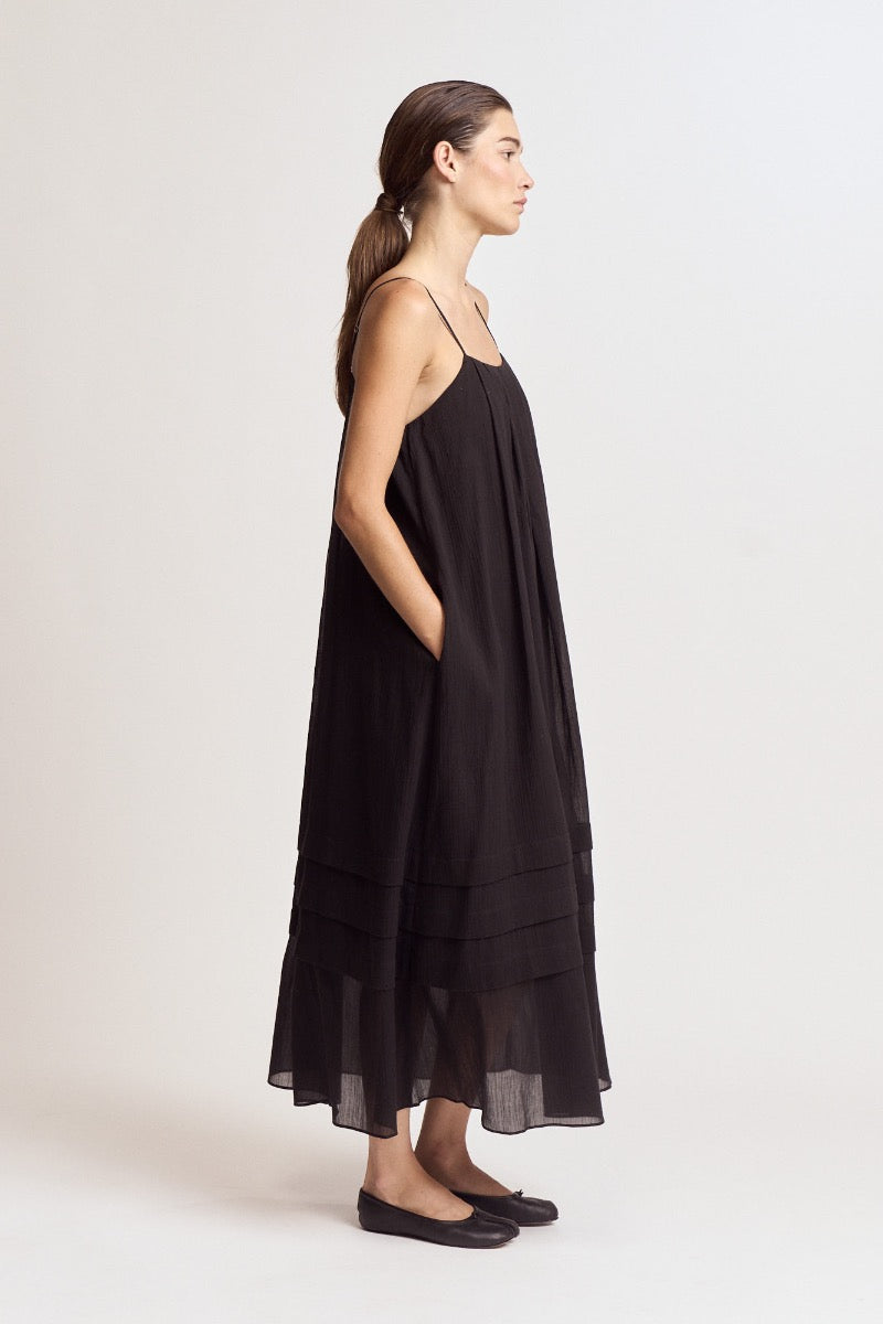 Pleated Cotton Maxi Dress | Black