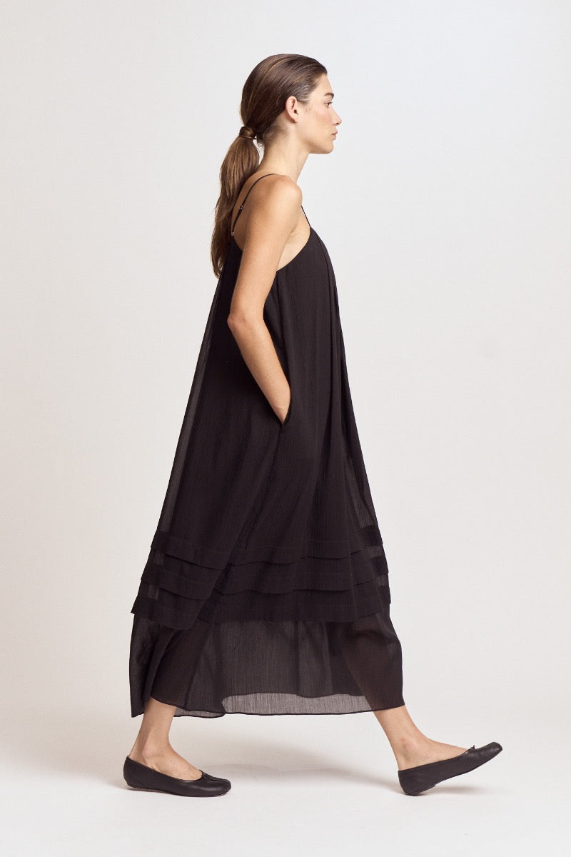 Pleated Cotton Maxi Dress | Black