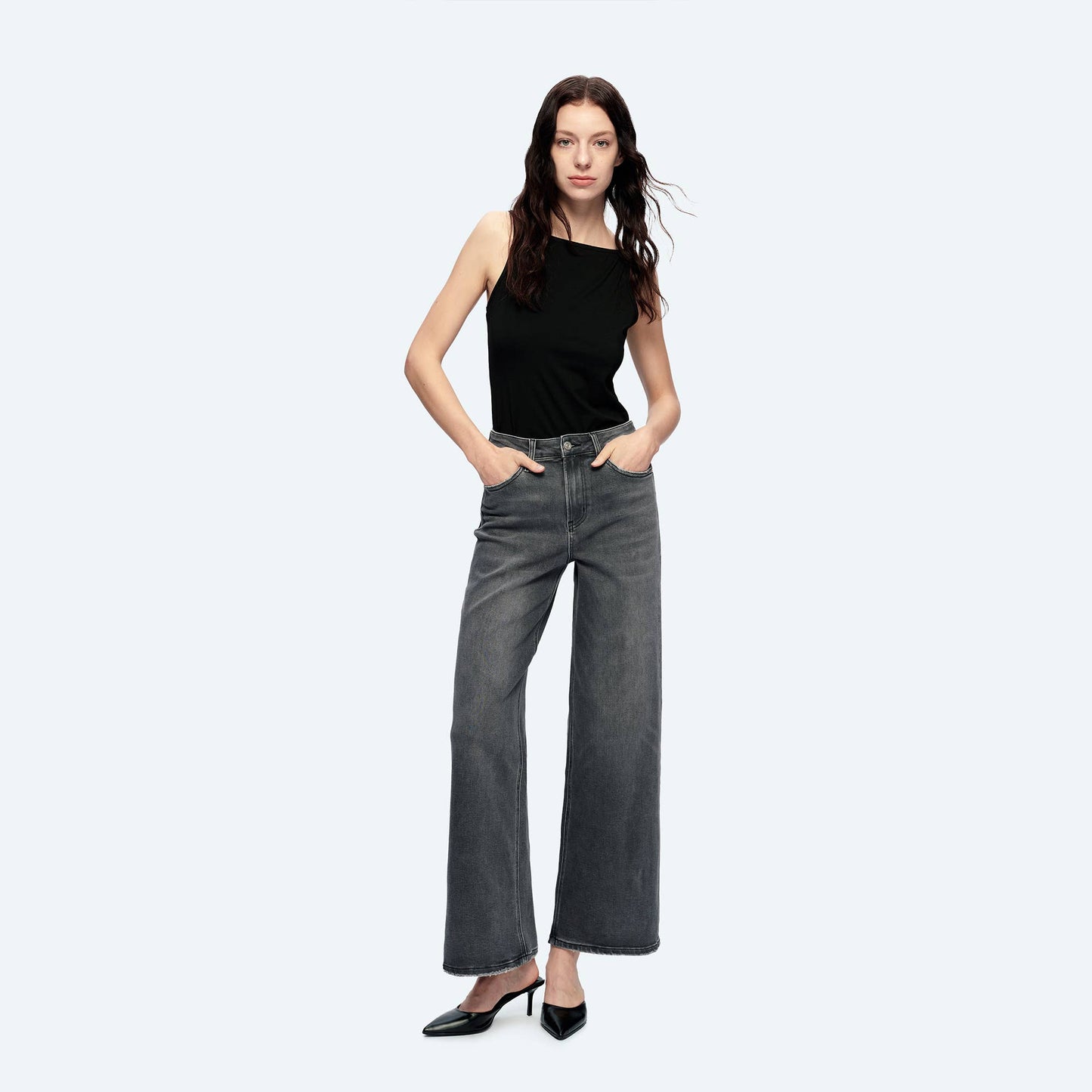 High Rise Wide Leg Jeans With Finished Hem