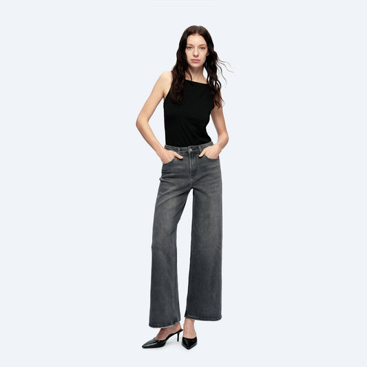High Rise Wide Leg Jeans With Finished Hem