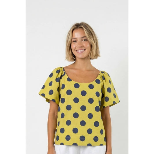 Flutter sleeve polka dot top | Lime/Navy