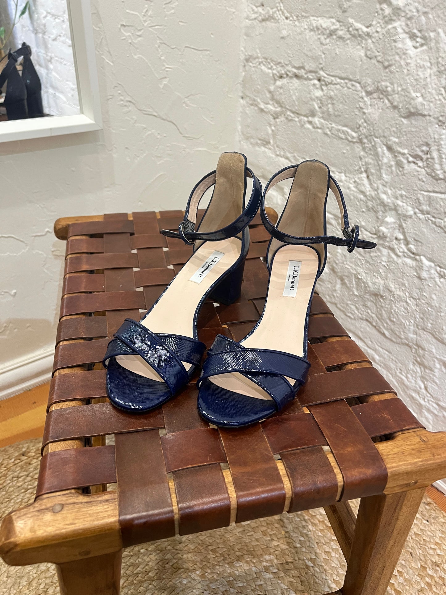 L.K Bennett Sandals ANIKI Navy Patent Leather Block Heel