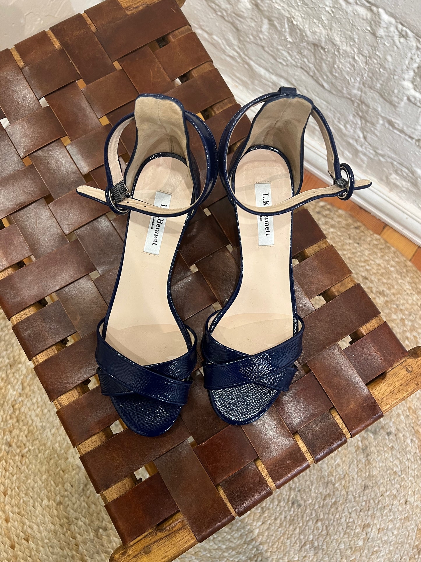 L.K Bennett Sandals ANIKI Navy Patent Leather Block Heel