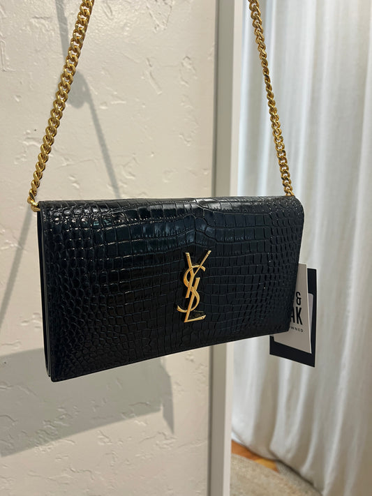 Cassandre Chain Wallet in Crocodile-Embossed Shiny Leather