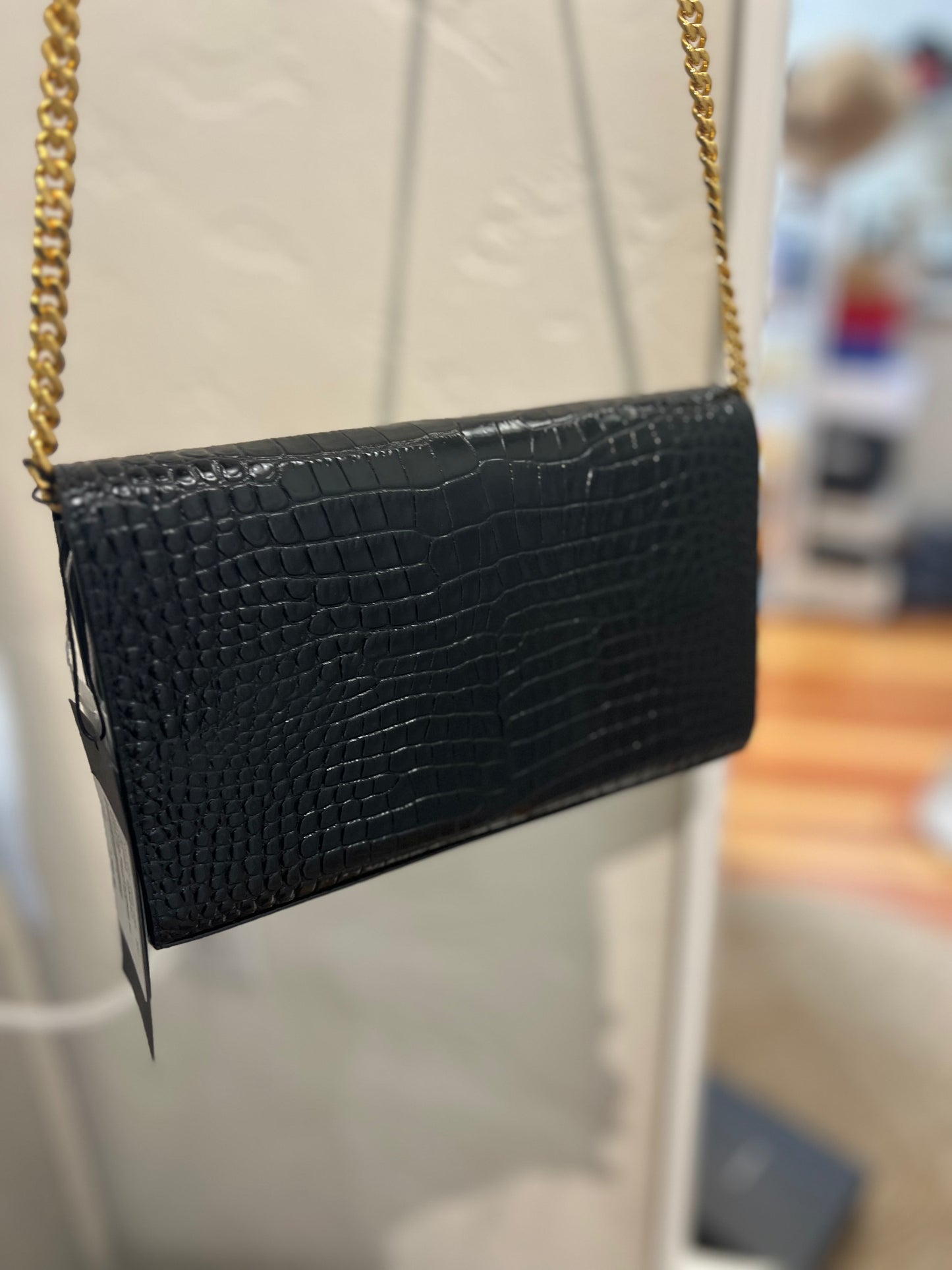 Cassandre Chain Wallet in Crocodile-Embossed Shiny Leather