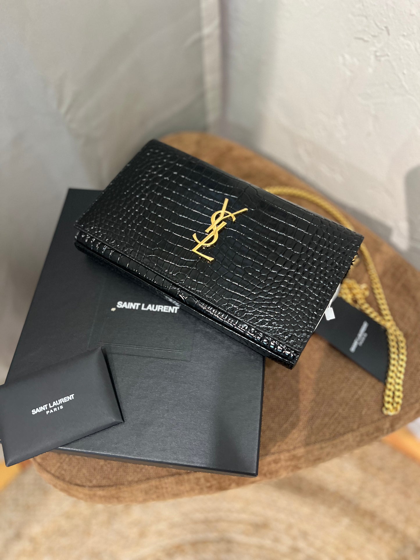 Cassandre Chain Wallet in Crocodile-Embossed Shiny Leather