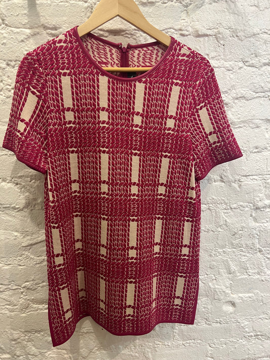 St.John fuchsia leather trim juquard top