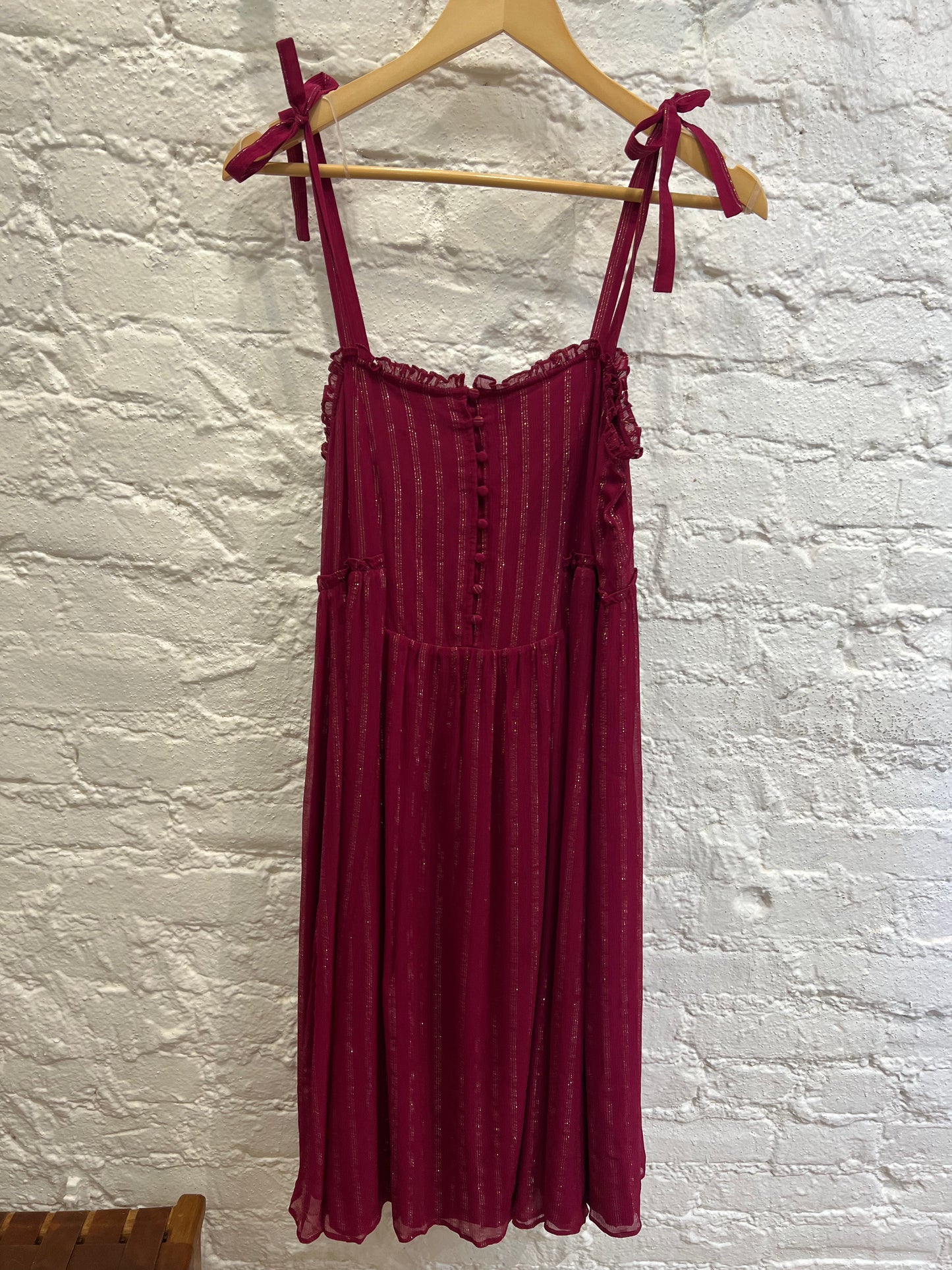 Sezane burgundy metallic thread silk dress