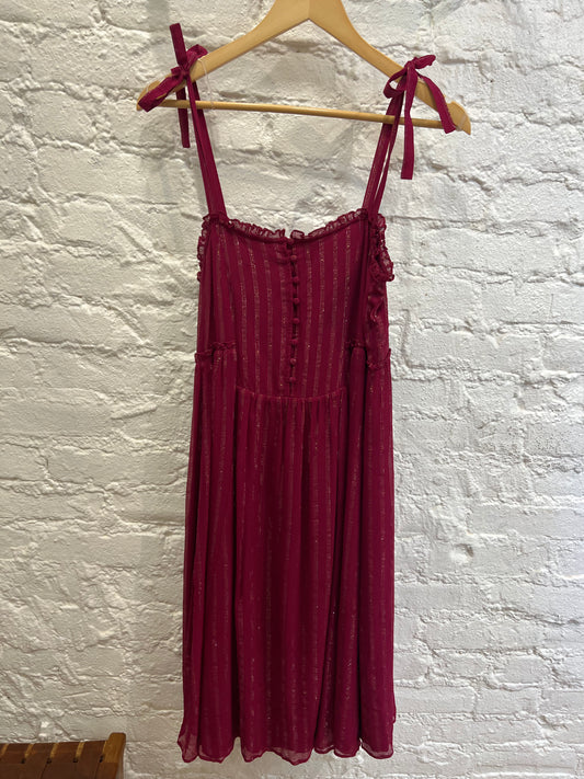 Sezane burgundy metallic thread silk dress