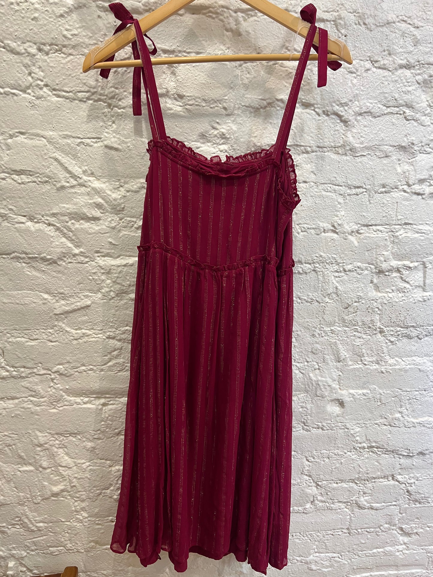 Sezane burgundy metallic thread silk dress