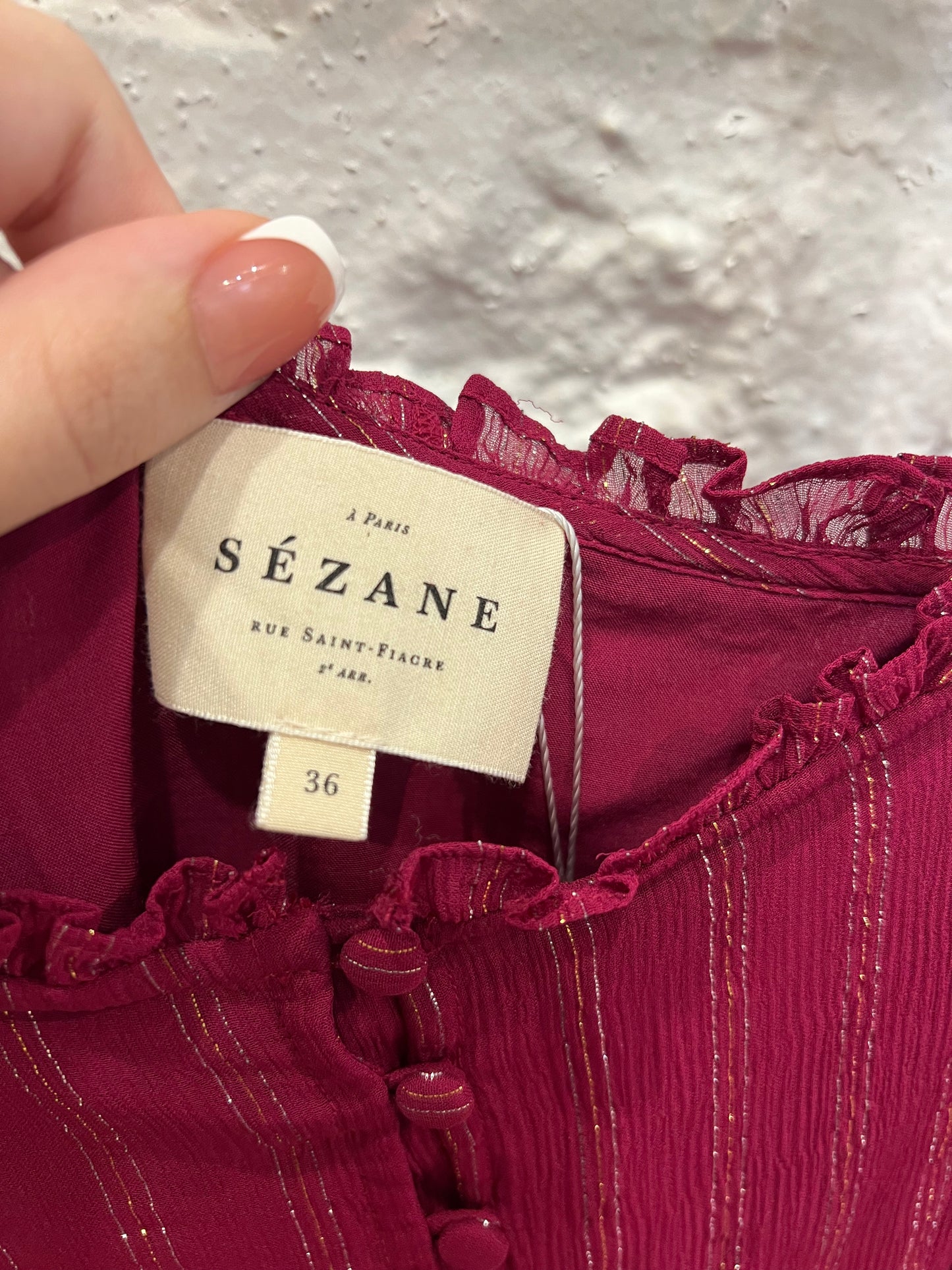 Sezane burgundy metallic thread silk dress