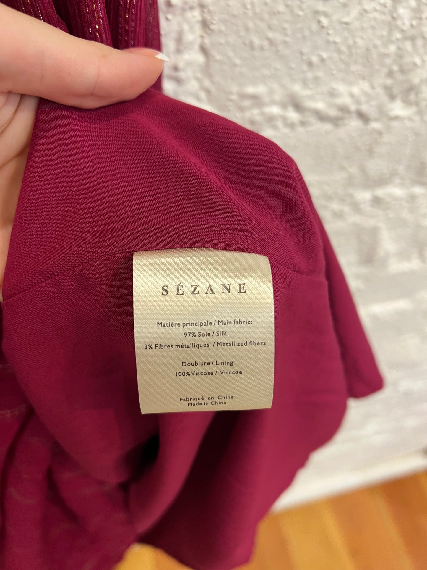 Sezane burgundy metallic thread silk dress