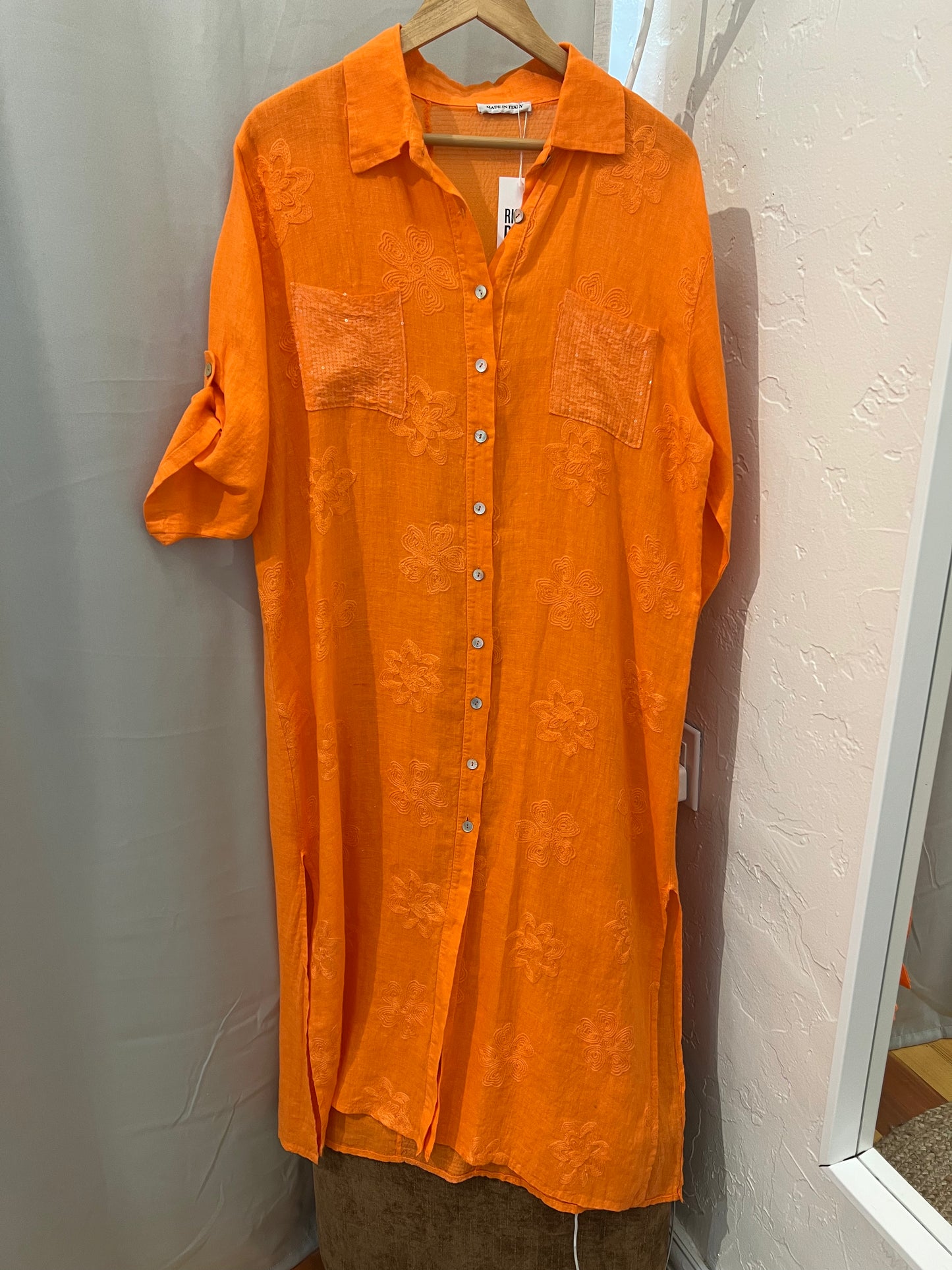 Linen orange sequins button down dress