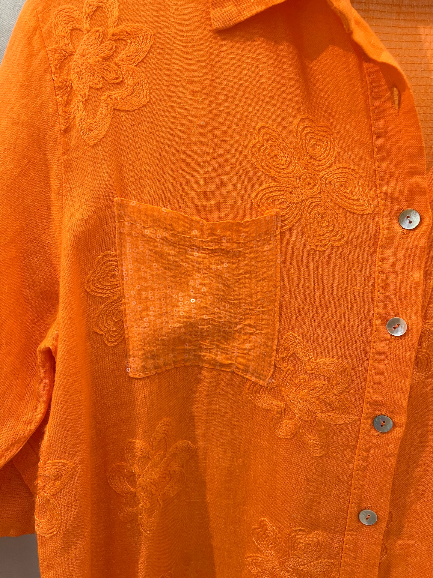 Linen orange sequins button down dress