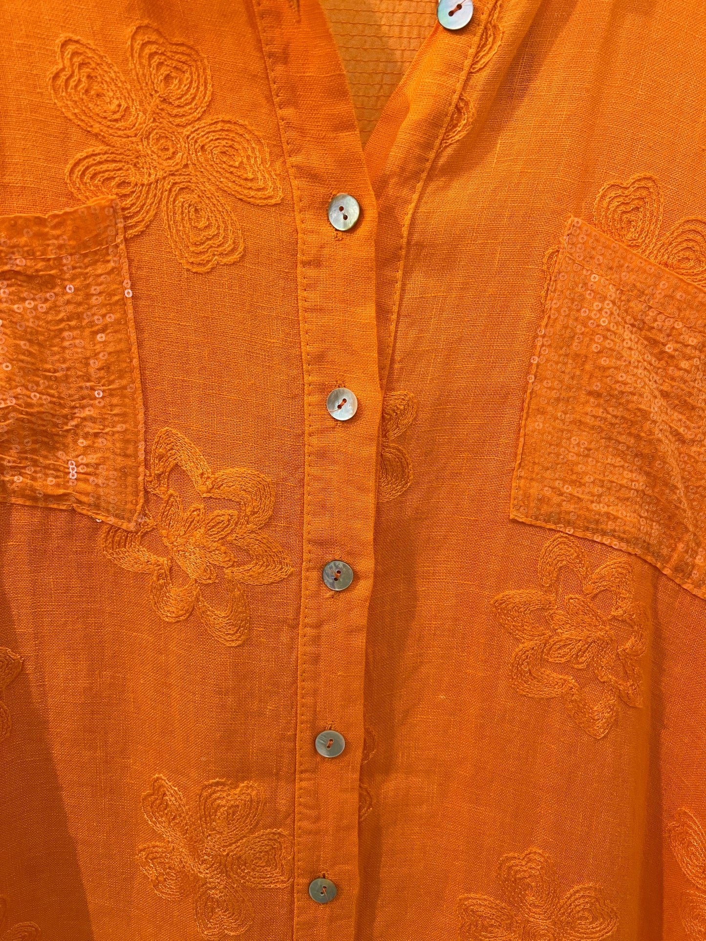 Linen orange sequins button down dress