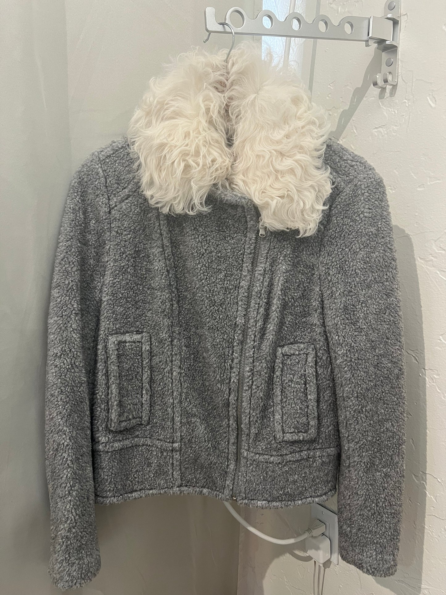 Rebecca Taylor Grey Curly Lamb Shearling Collar Moto Jacket