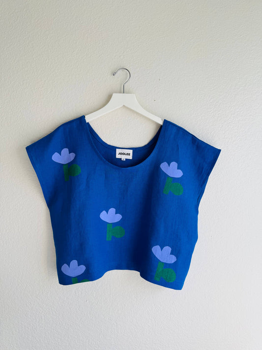 Blue Flower Linen Top