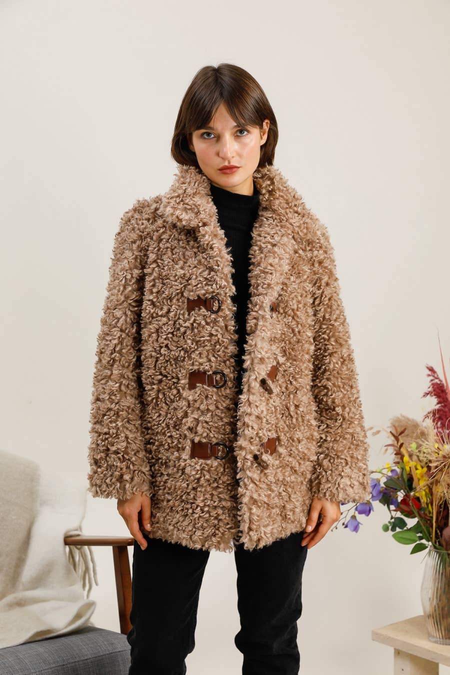 Shearling effect coat with toggle fastenings