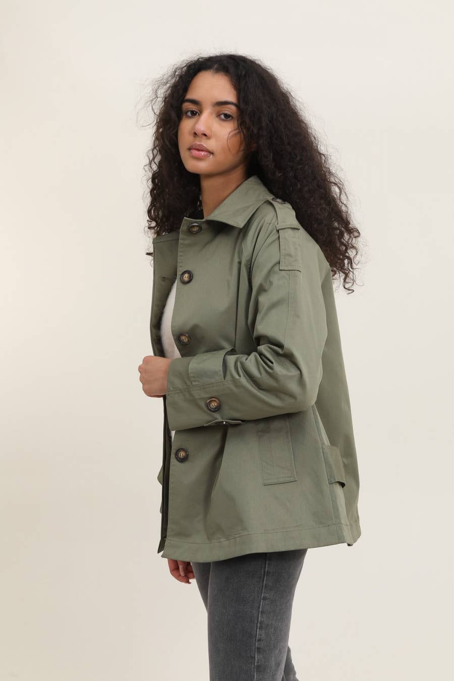 Short trench coat with hidden buttons| Khaki