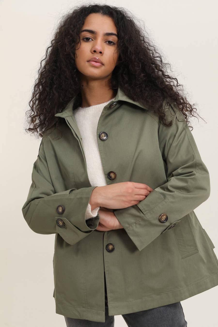 Short trench coat with hidden buttons| Khaki