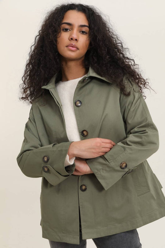Short trench coat with hidden buttons| Khaki