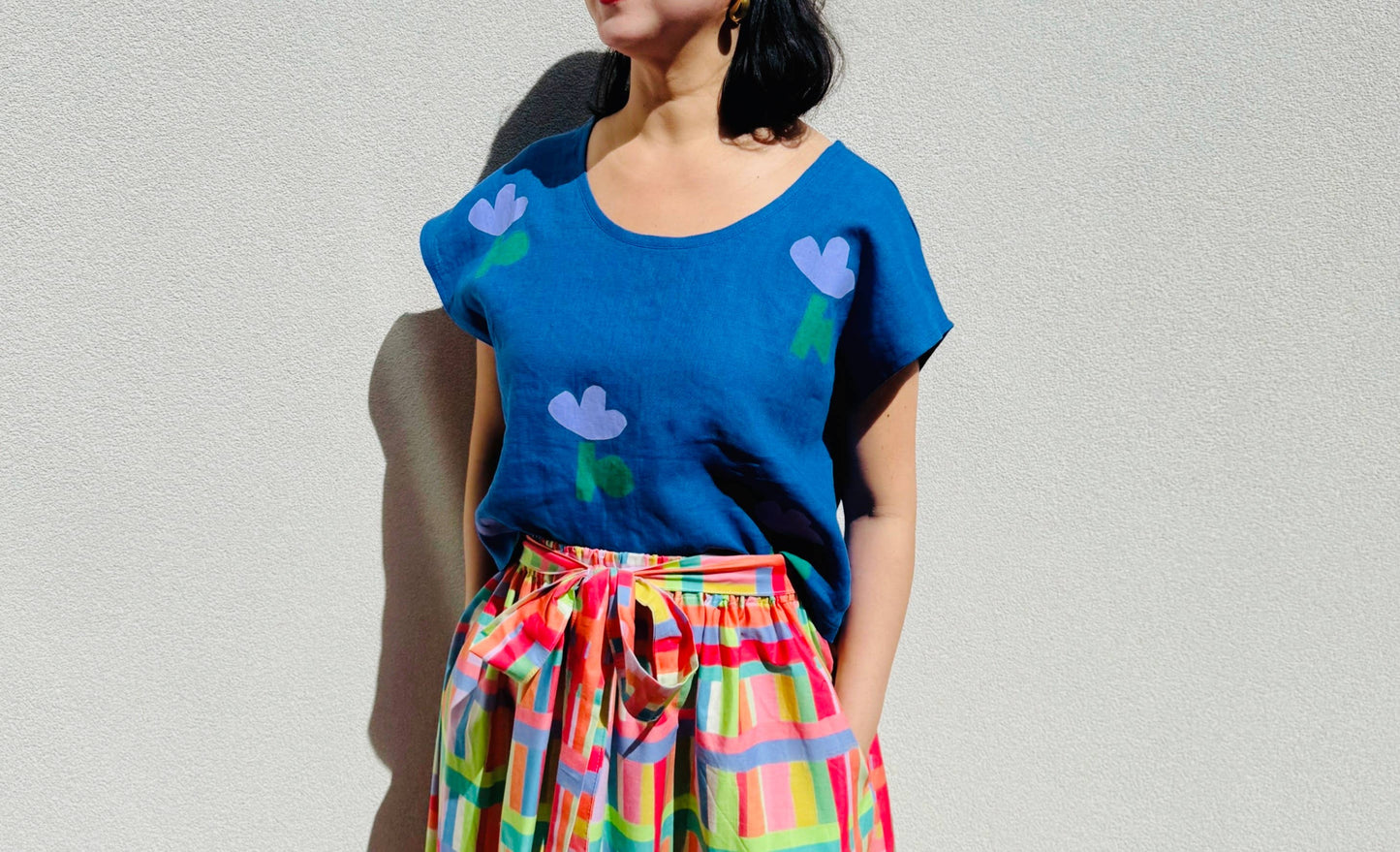 Blue Flower Linen Top